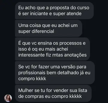 Print de aluna sobre o diferencial do curso