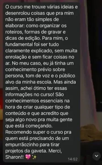 Print de aluna sobre roteiros e edição