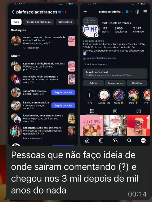 Comentários e novos seguidores chegando ao perfil após o primeiro vídeo