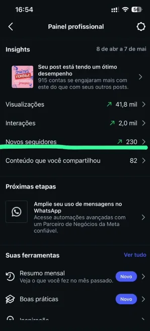 Painel profissional do Instagram da Valéria com 41,8 mil visualizações, 2,0 mil interações e 230 novos seguidores em 30 dias