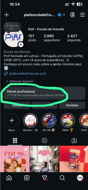 Perfil da Piaf — Escola de francês mostrando 41,8 mil visualizações nos últimos 30 dias